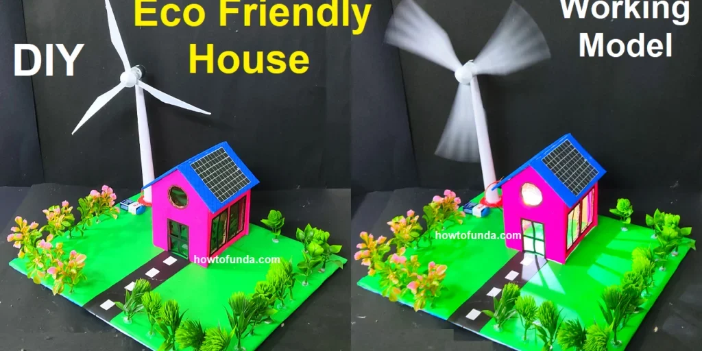 DIY eco-friendly house model with solar panels and a wind turbine, displayed on a green base with plants, showcasing a working model of renewable energy for school or home projects." Let me know if you'd like a shorter version for social media or a version tailored for Pinterest pin descriptions or WordPress featured images.
