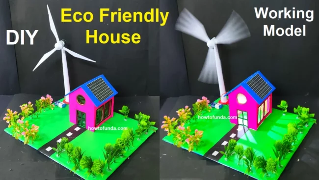 DIY eco-friendly house model with solar panels and a wind turbine, displayed on a green base with plants, showcasing a working model of renewable energy for school or home projects." Let me know if you'd like a shorter version for social media or a version tailored for Pinterest pin descriptions or WordPress featured images.